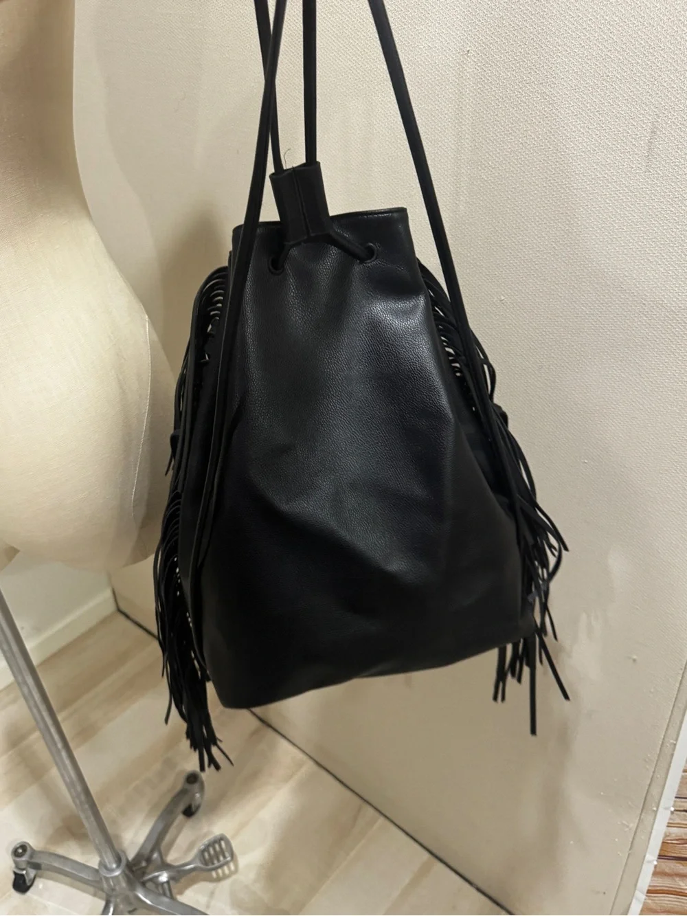 Victoria's Secret Black Fringe Drawstring Backpack